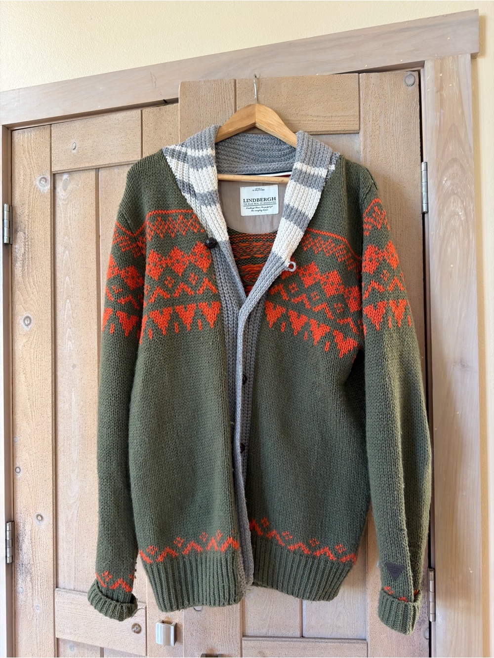 Lindbergh Olive Green Cardigan with Orange Fair Isle Accents